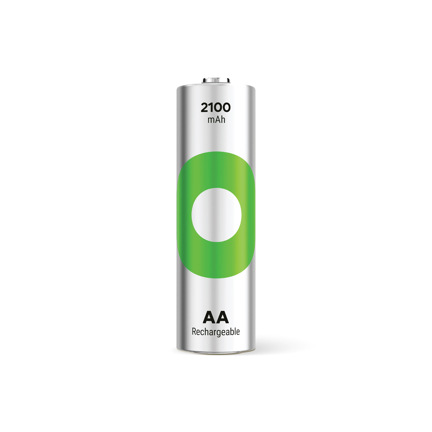 A silver AA rechargeable battery with a green circle design. It is on a white background, showing the battery.