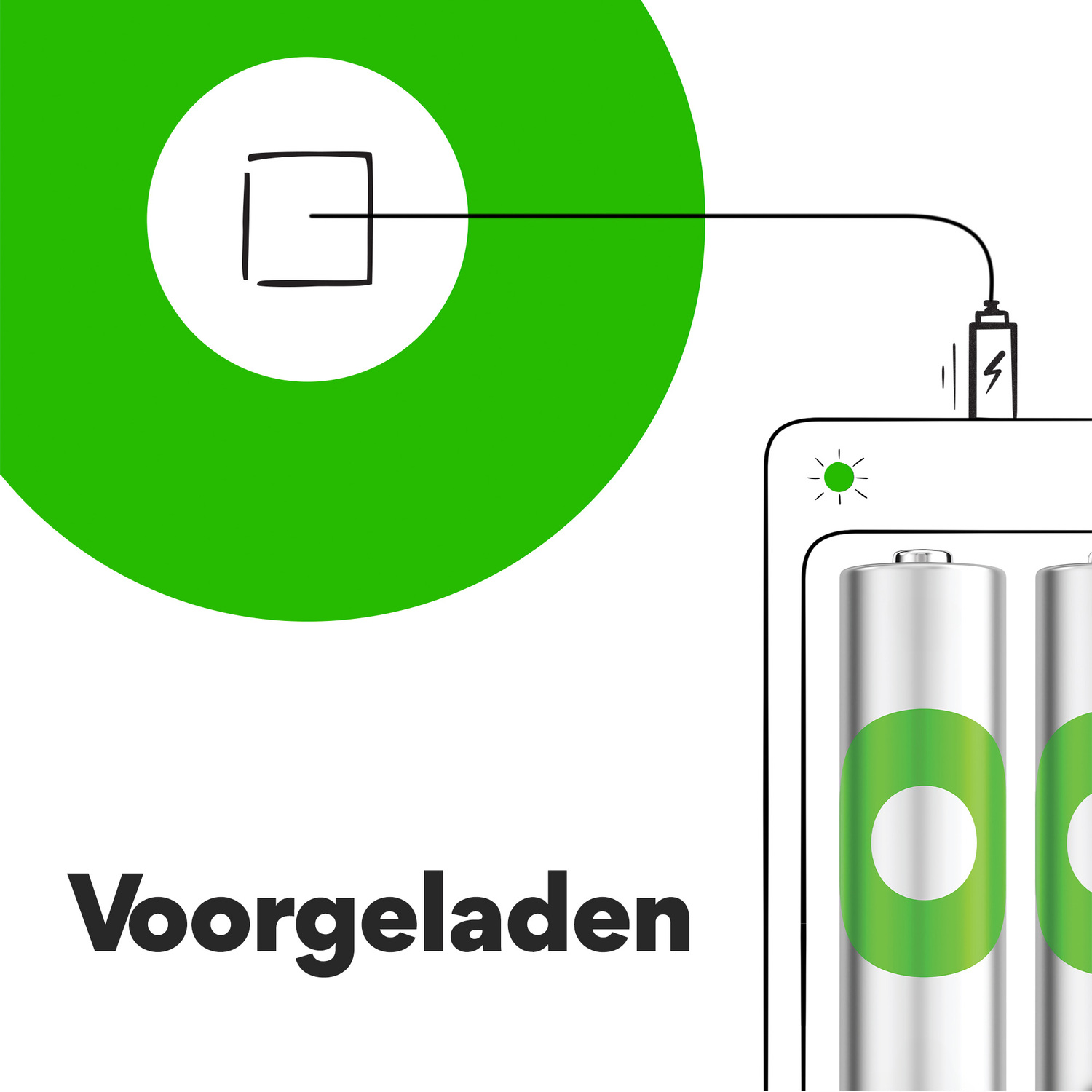 Two batteries are being charged with a green circle. The word Voorladen.
