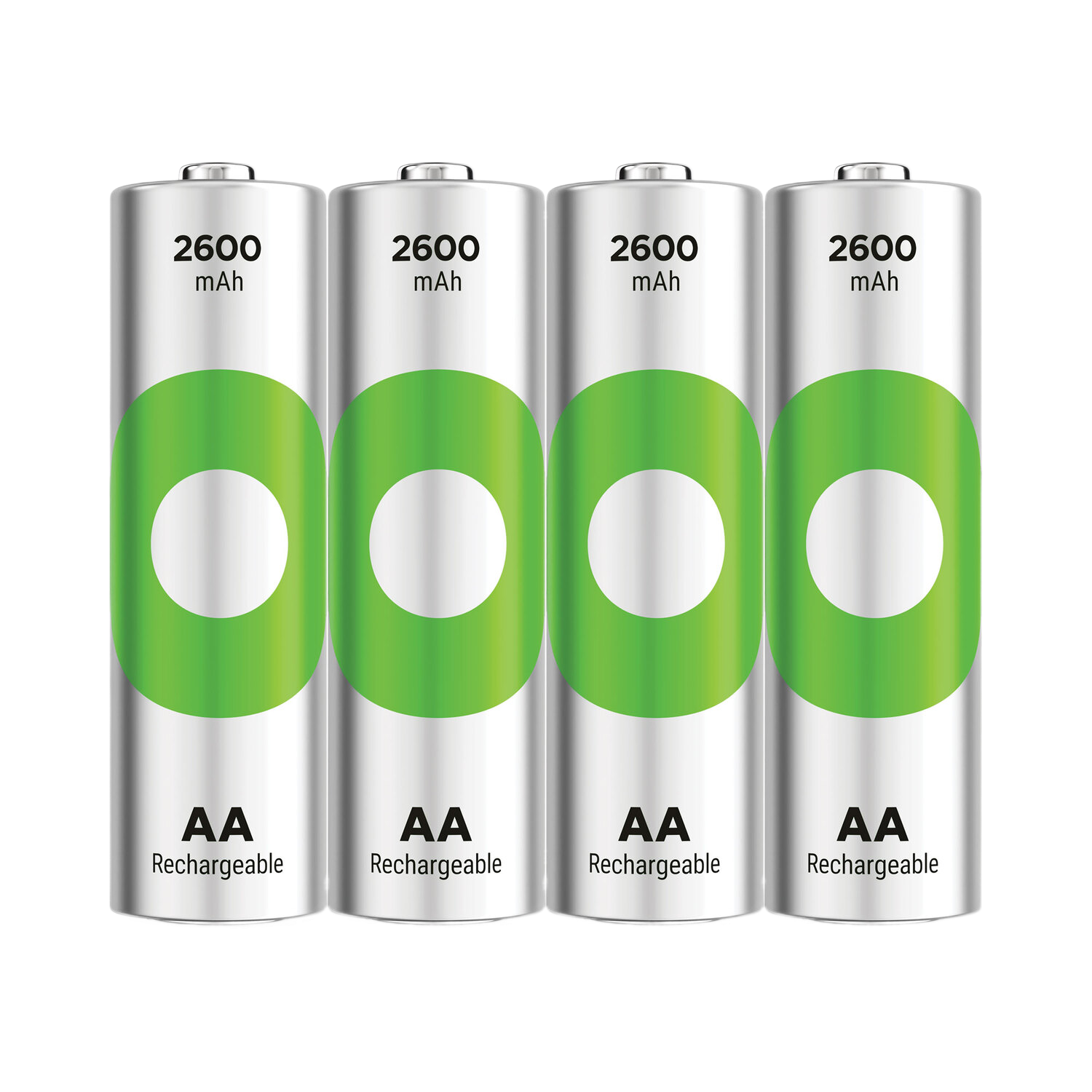 Vier AA oplaadbare batterijen. Zilveren behuizingen met groene logo's, AA en 2600 mAh.