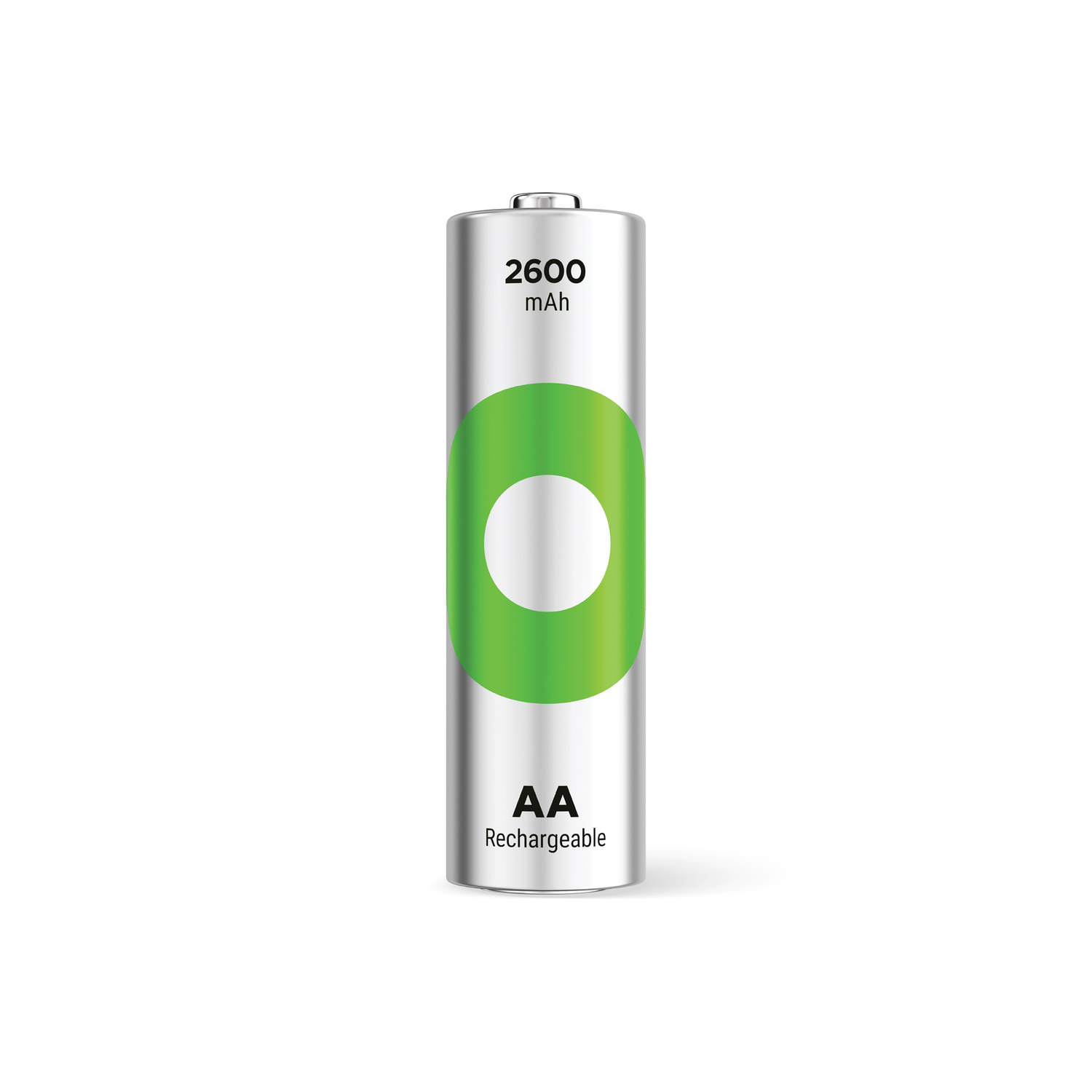 AA oplaadbare batterij met groen en wit ontwerp op witte achtergrond.