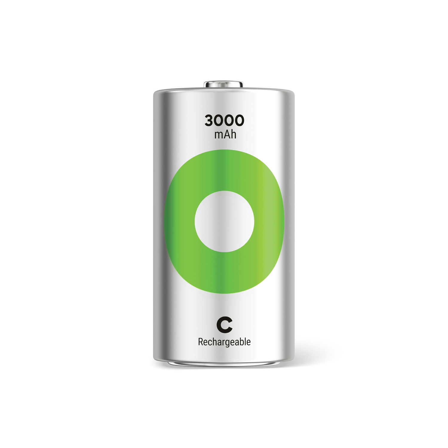 Zilveren C-formaat oplaadbare batterij. Groene cirkel met wit centrum. 3000 mAh.