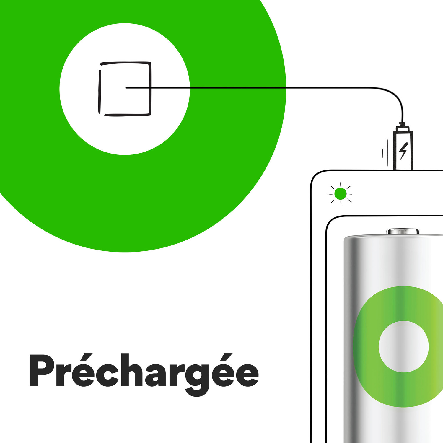 L'image montre une batterie et un symbole de charge. Le texte dit 'Préchargée' en français.