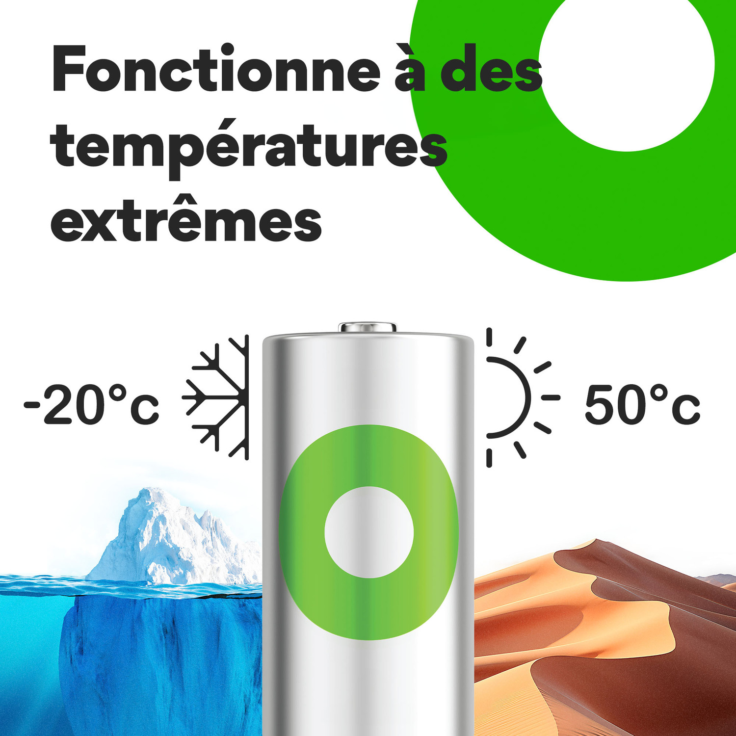 Pile entre -20°C et 50°C avec des images de glace et de désert. Texte : Fonctionne à des températures extrêmes.