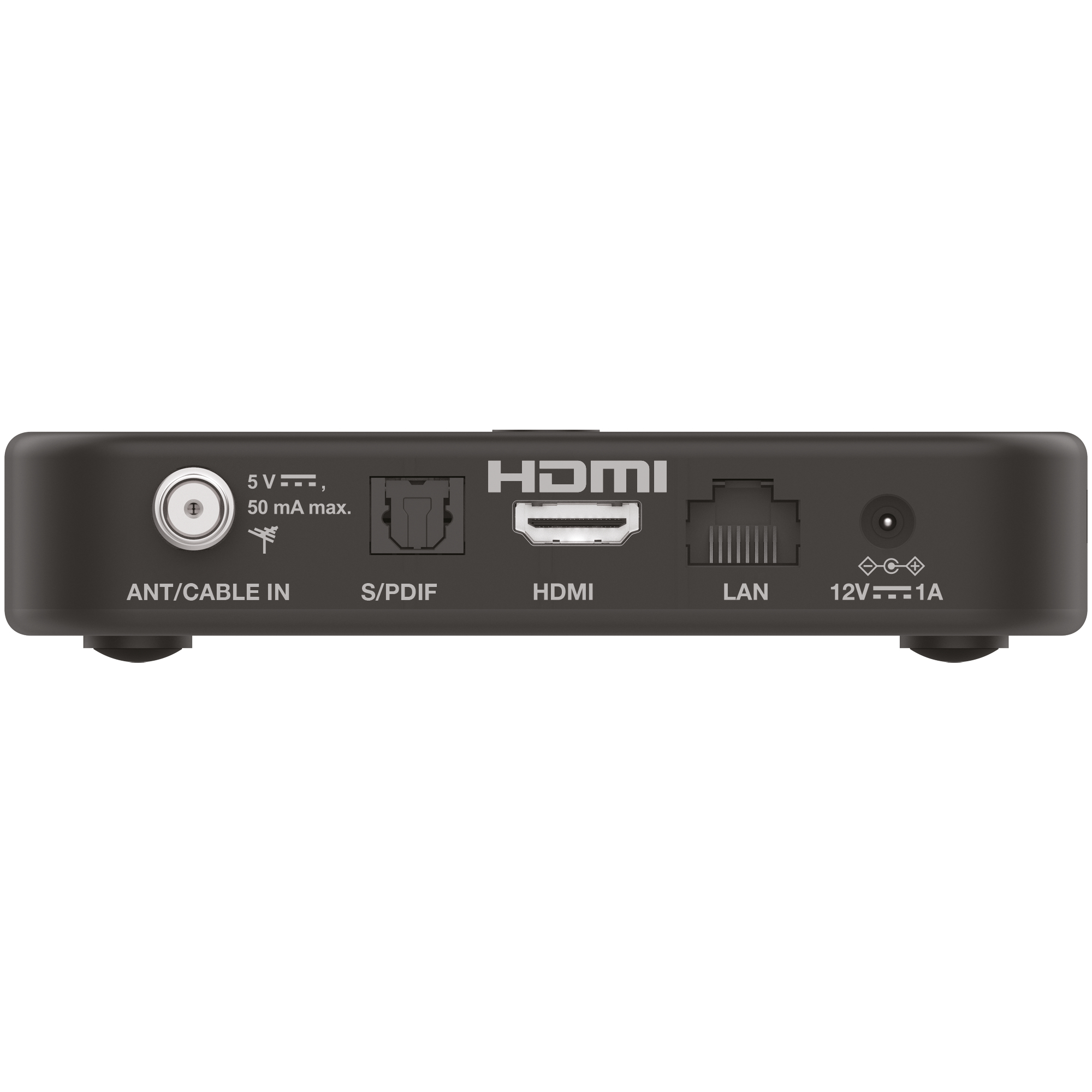Rückseite eines schwarzen Geräts mit ANT/CABLE IN, S/PDIF, HDMI, LAN und 12V Anschlüssen.