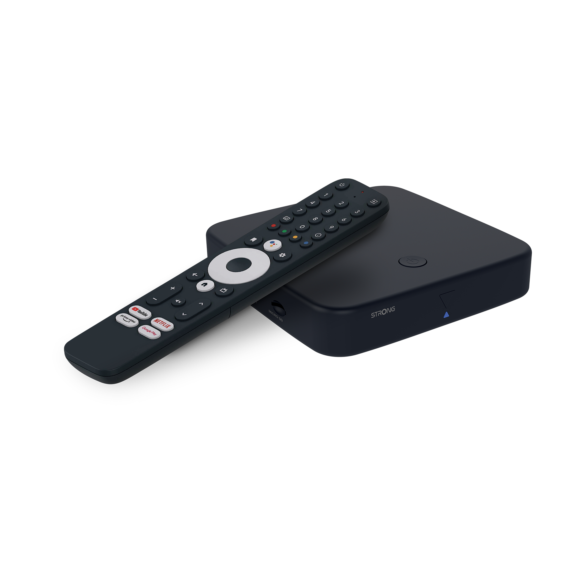 Schwarze Strong Set-Top-Box mit Fernbedienung. Weißer Hintergrund.