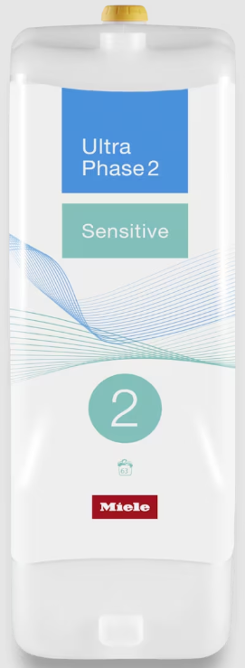 Biała butelka Miele z niebieskim i zielonym tekstem. Napisano 'Ultra Phase 2 Sensitive'. Logo Miele.