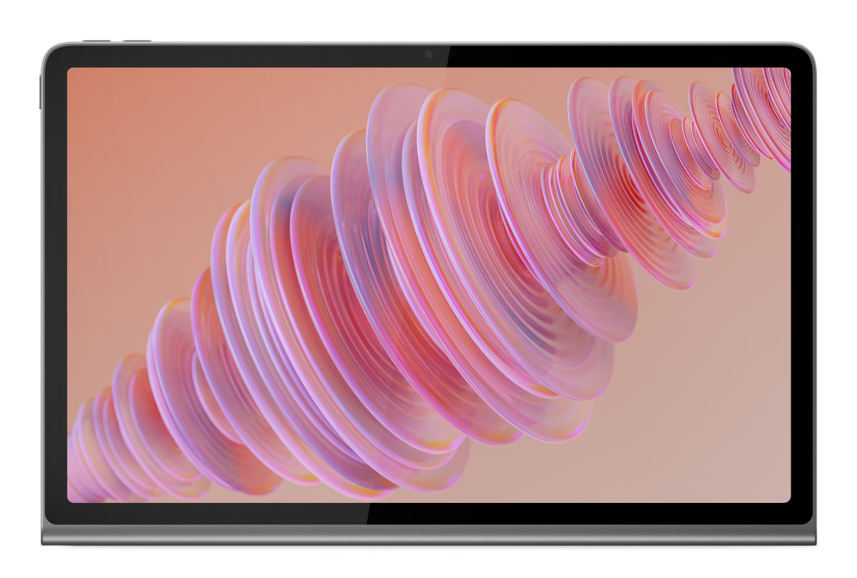 Tablet z ekranem pokazującym kolorowe, wirujące kształty, ze srebrną ramką.