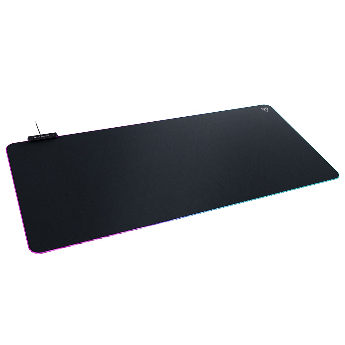 Schwarzes Gaming-Mauspad mit farbigen Kanten und Kabel.