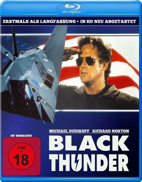 Blu-ray-Disc-Cover mit einem Mann in Sonnenbrille, der ein Flugzeug salutiert. Text lautet 'BLACK THUNDER'.