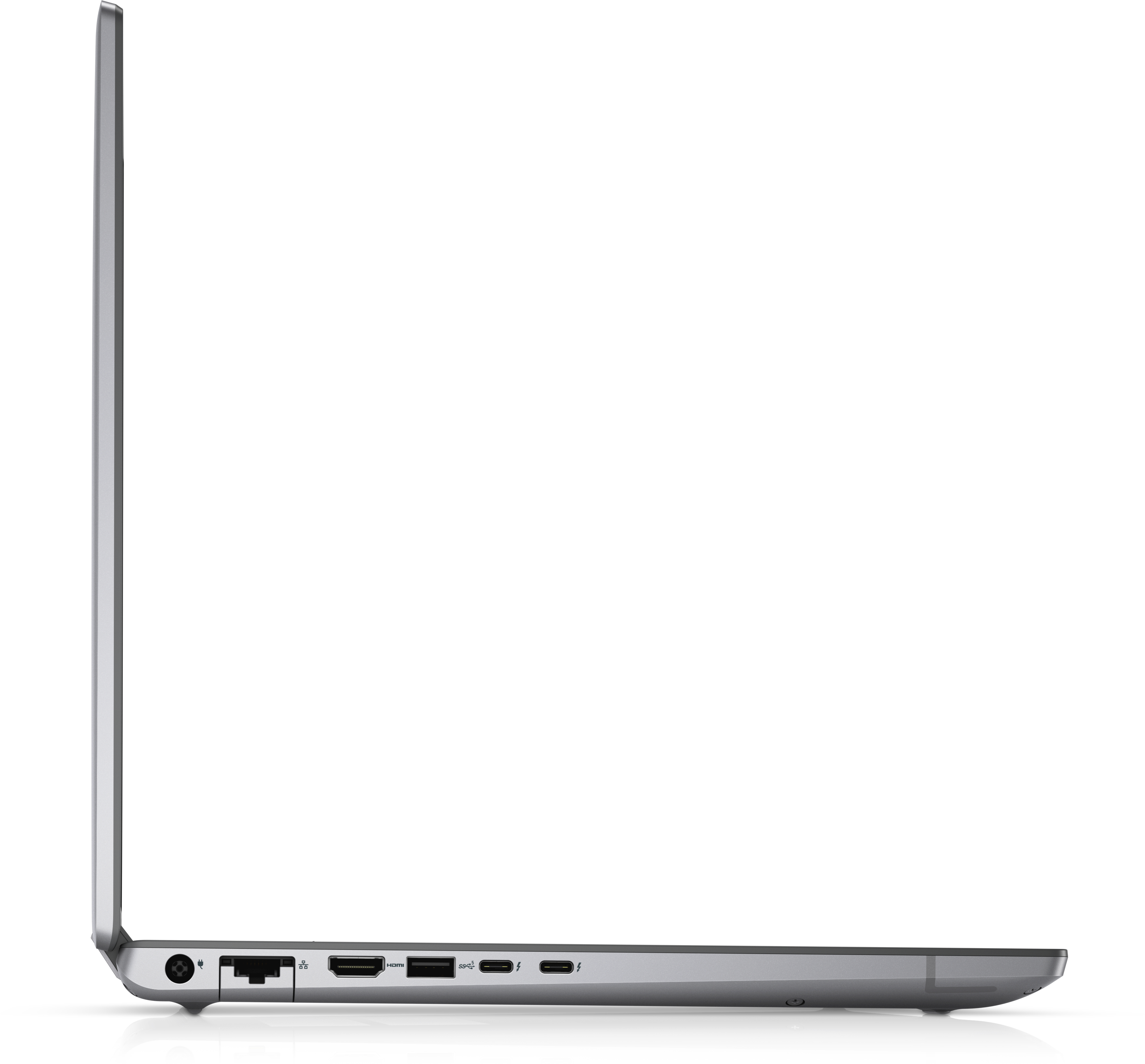 Seitenansicht eines silbernen Laptops mit sichtbaren Anschlüssen an der Seite.