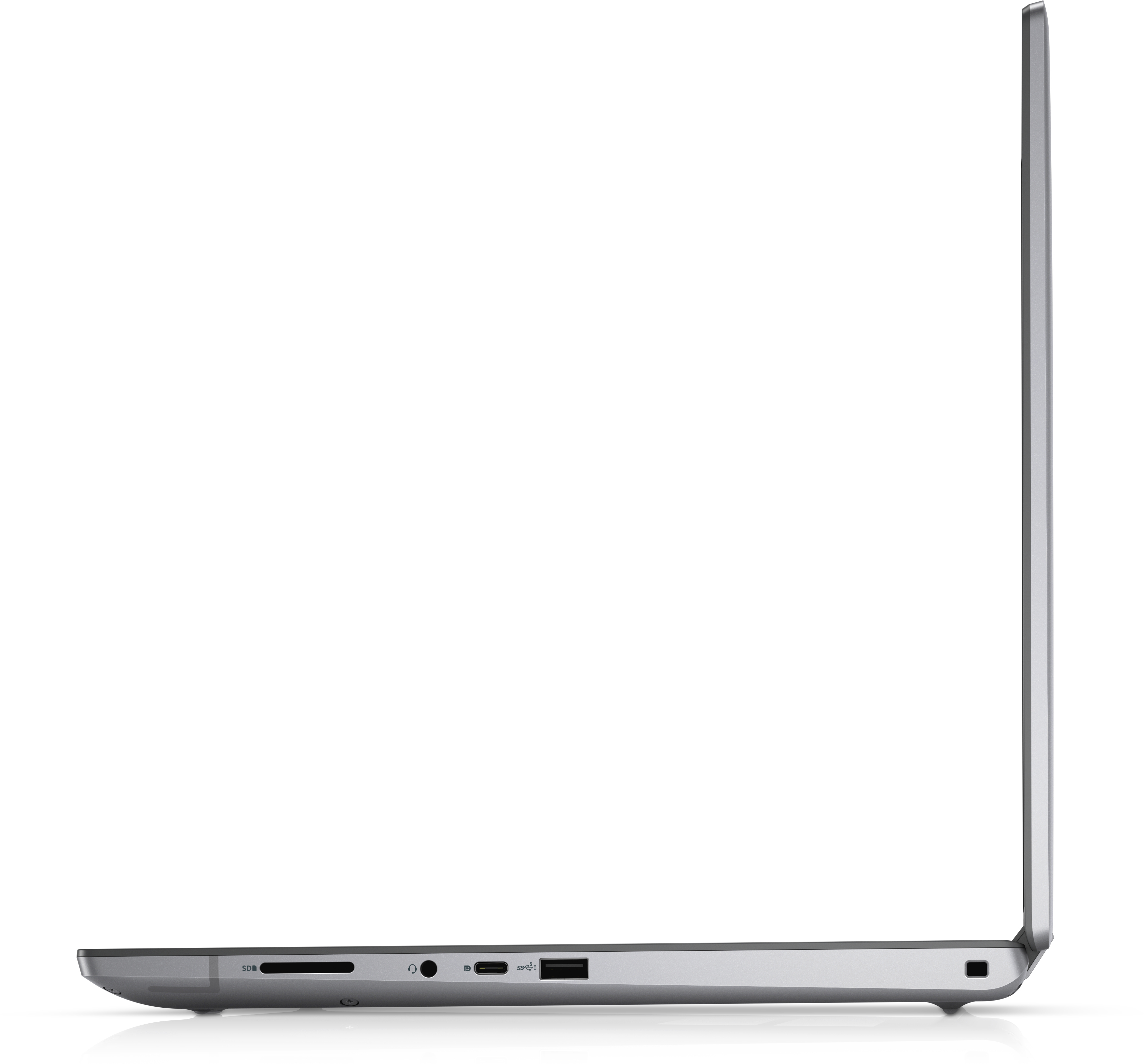 Laptop-Seitenansicht, silberfarben, isoliert auf weißem Hintergrund.