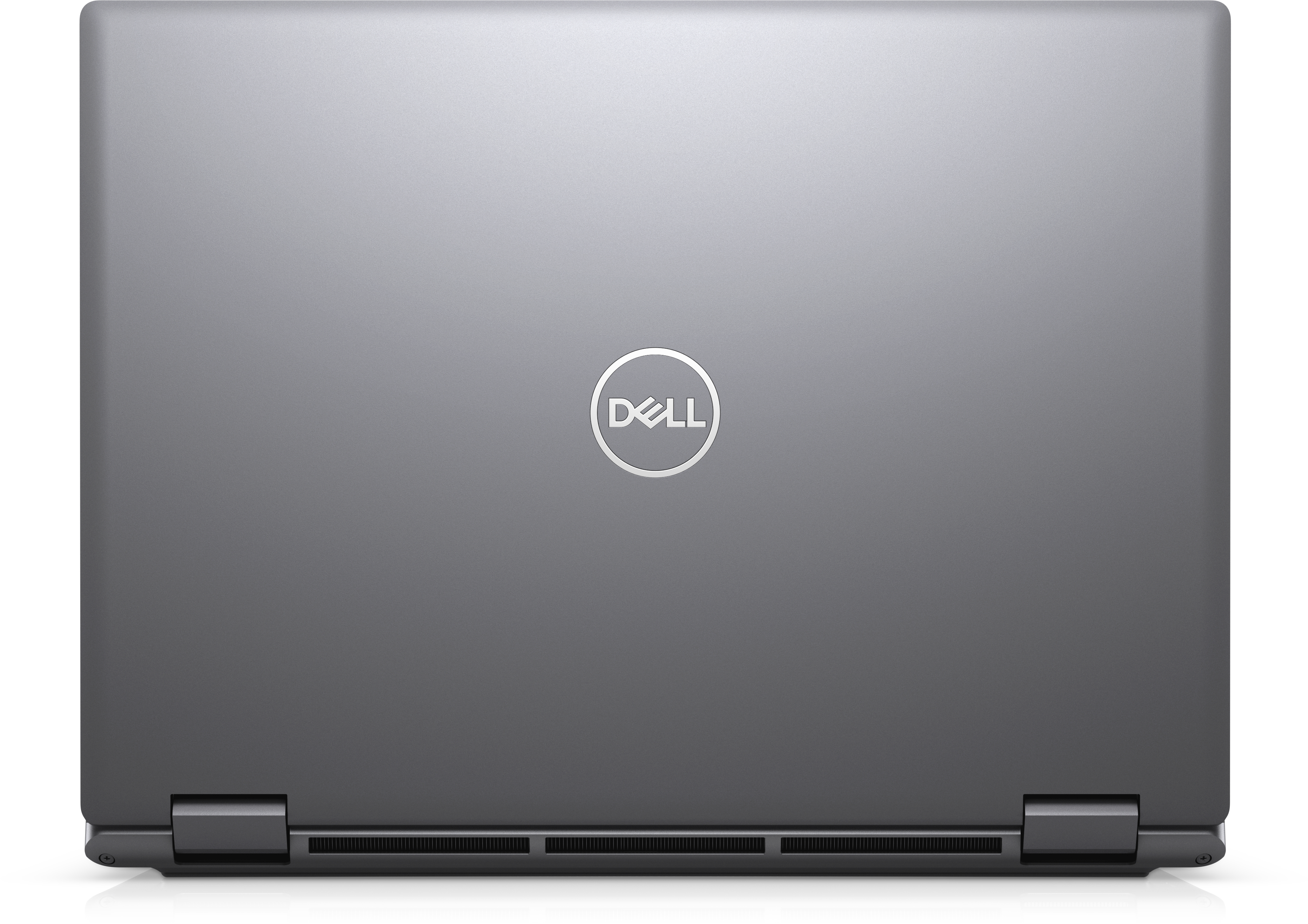 Ein geschlossener Dell-Laptop, graue Farbe, zeigt das Dell-Logo oben.