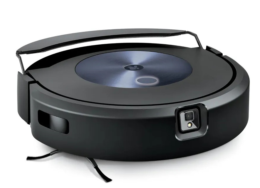 Czarny robot odkurzający Roomba, widok z boku, na białym tle.