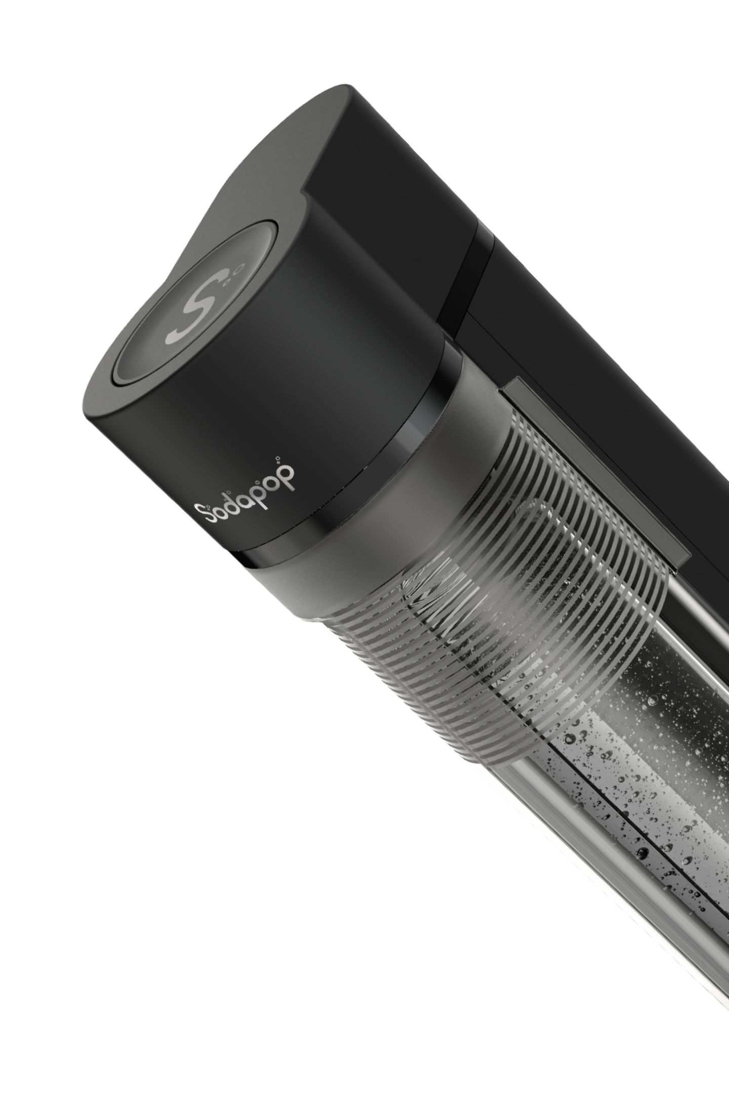 Schwarzer SodaPop-Sodamaker, schräge Ansicht, mit transparentem Behälter mit Blasen.
