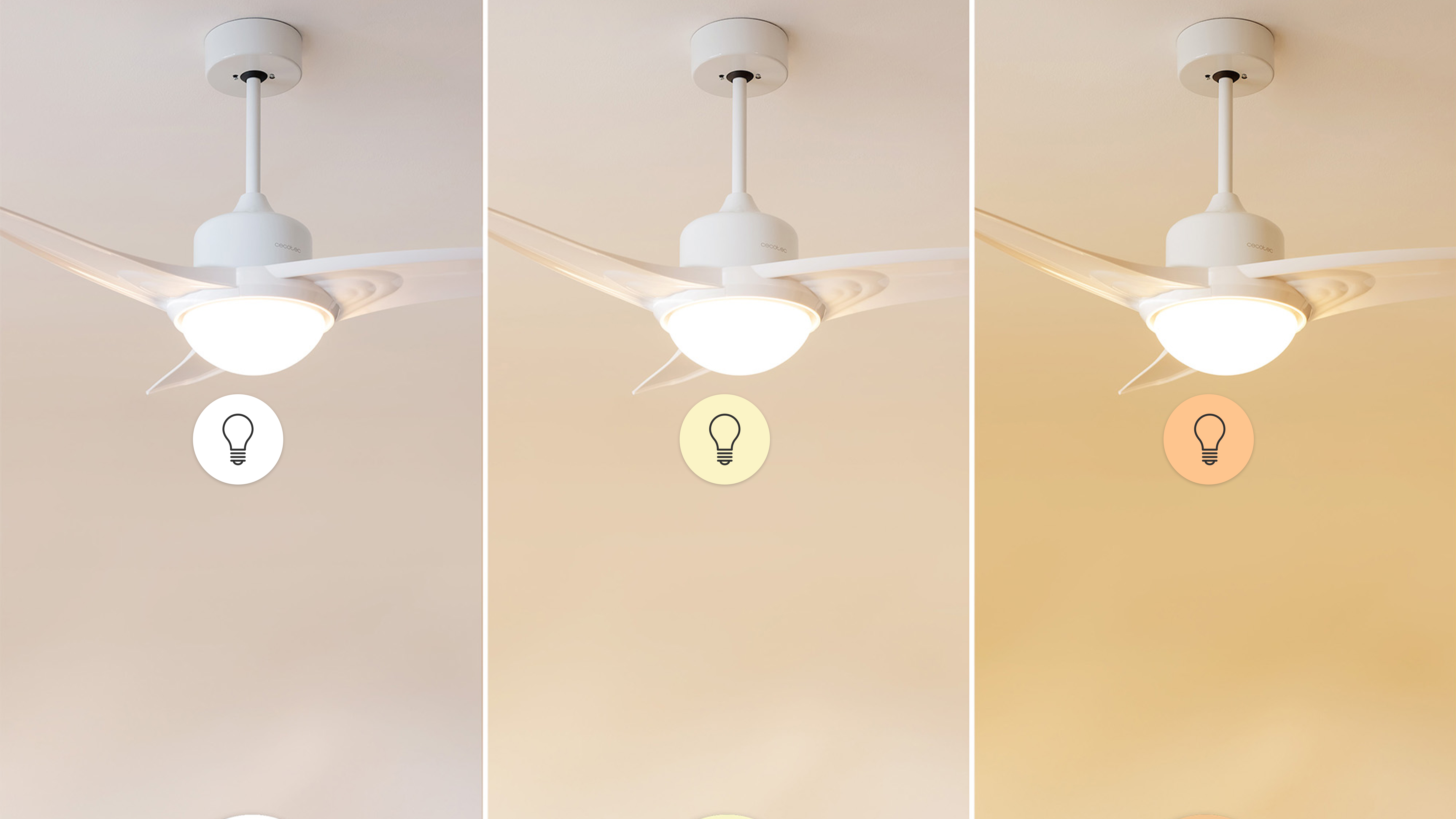 Tres imágenes: ventilador de techo con luz encendida, opciones de color cálido, neutro y frío.