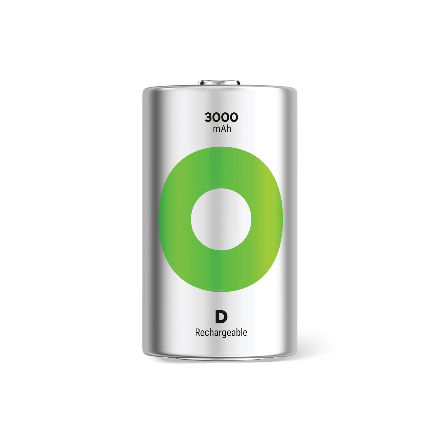 Silver rechargeable battery with green circle. White background. Black text.