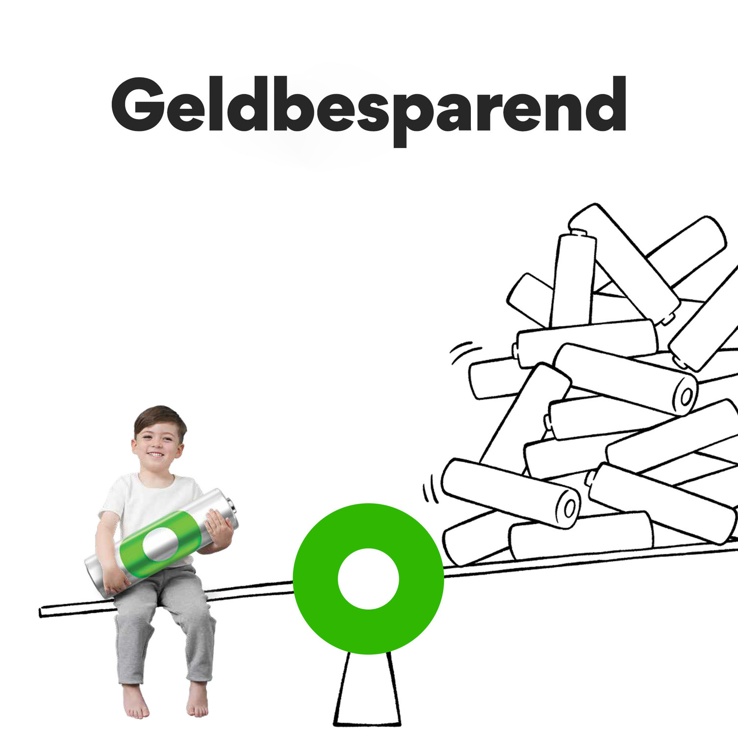 A child is balancing a giant battery on a seesaw. The text says: Money saving in German.