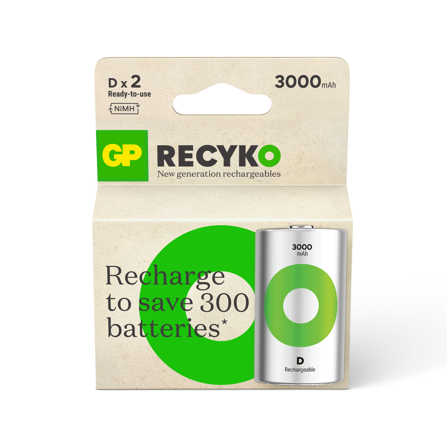 GP Recyko battery pack, contains D batteries, text on packaging, white background.