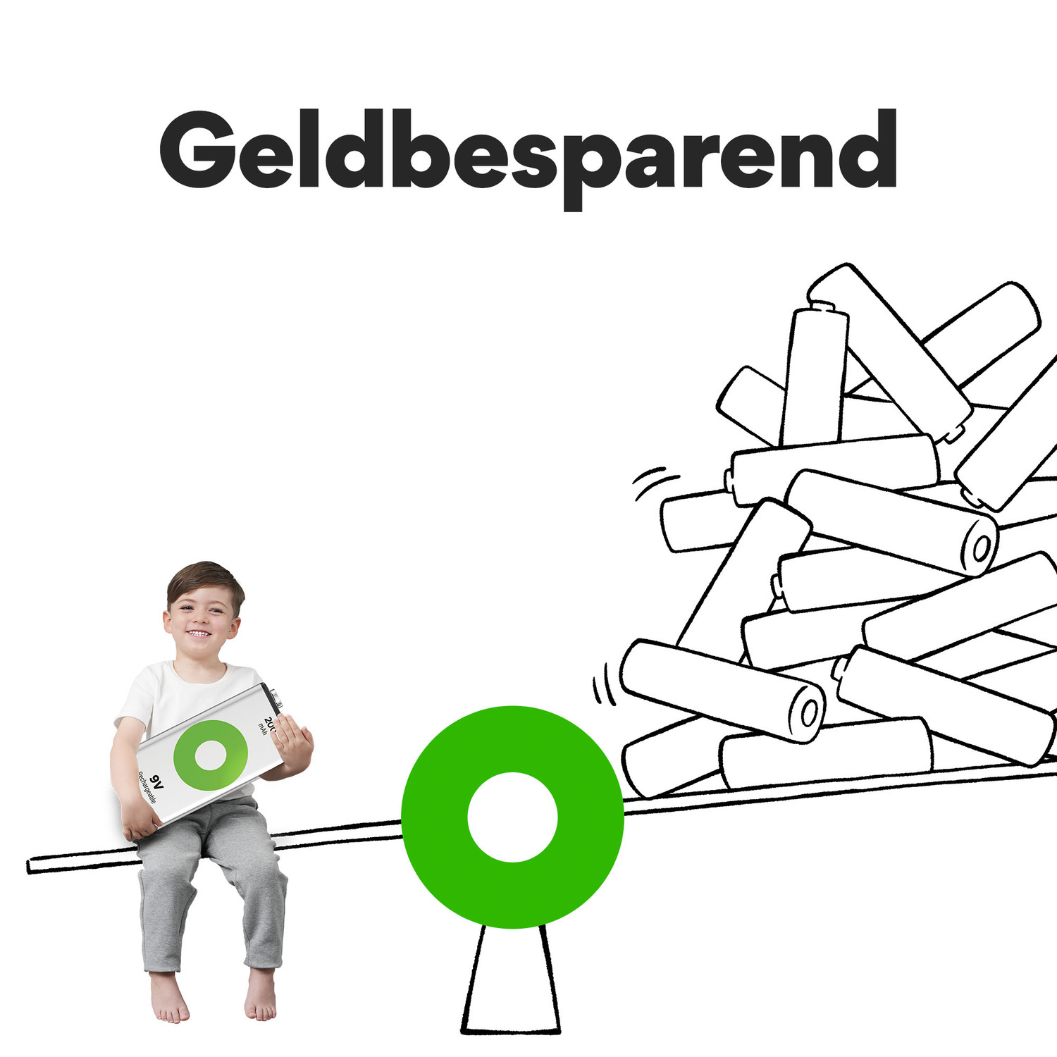 Een kind zit op een balans met batterijen. Het woord 'Geldbesparend' erboven.