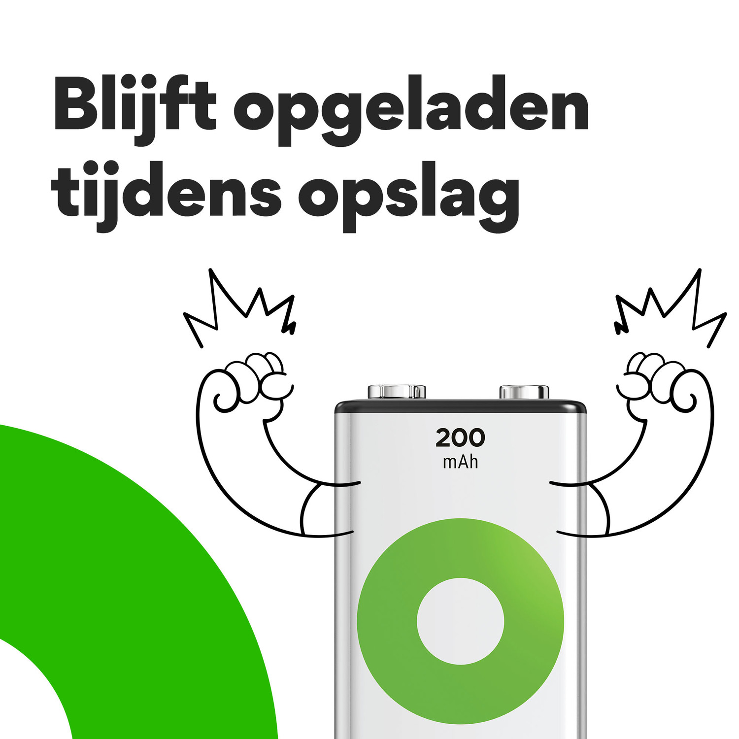 Batterij met een groene cirkel, illustraties die het opladen van de batterij tonen en tekst over het opslaan van de lading.