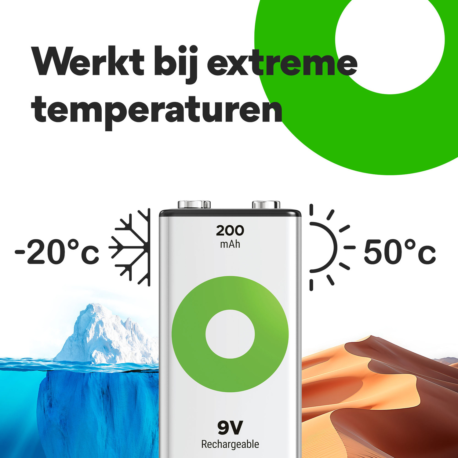 Oplaadbare batterij, met temperaturen van -20°C en 50°C.