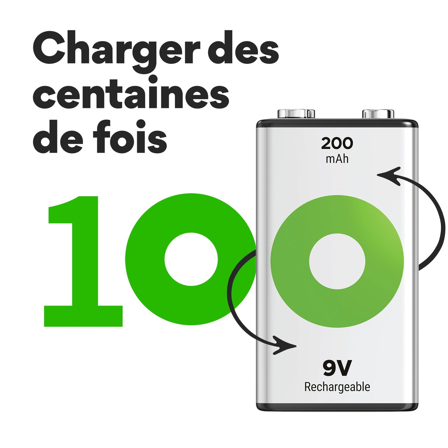 Une batterie rechargeable de 9V avec un design de cercle vert et des flèches. Le texte dit 'Charger des centaines de fois'.
