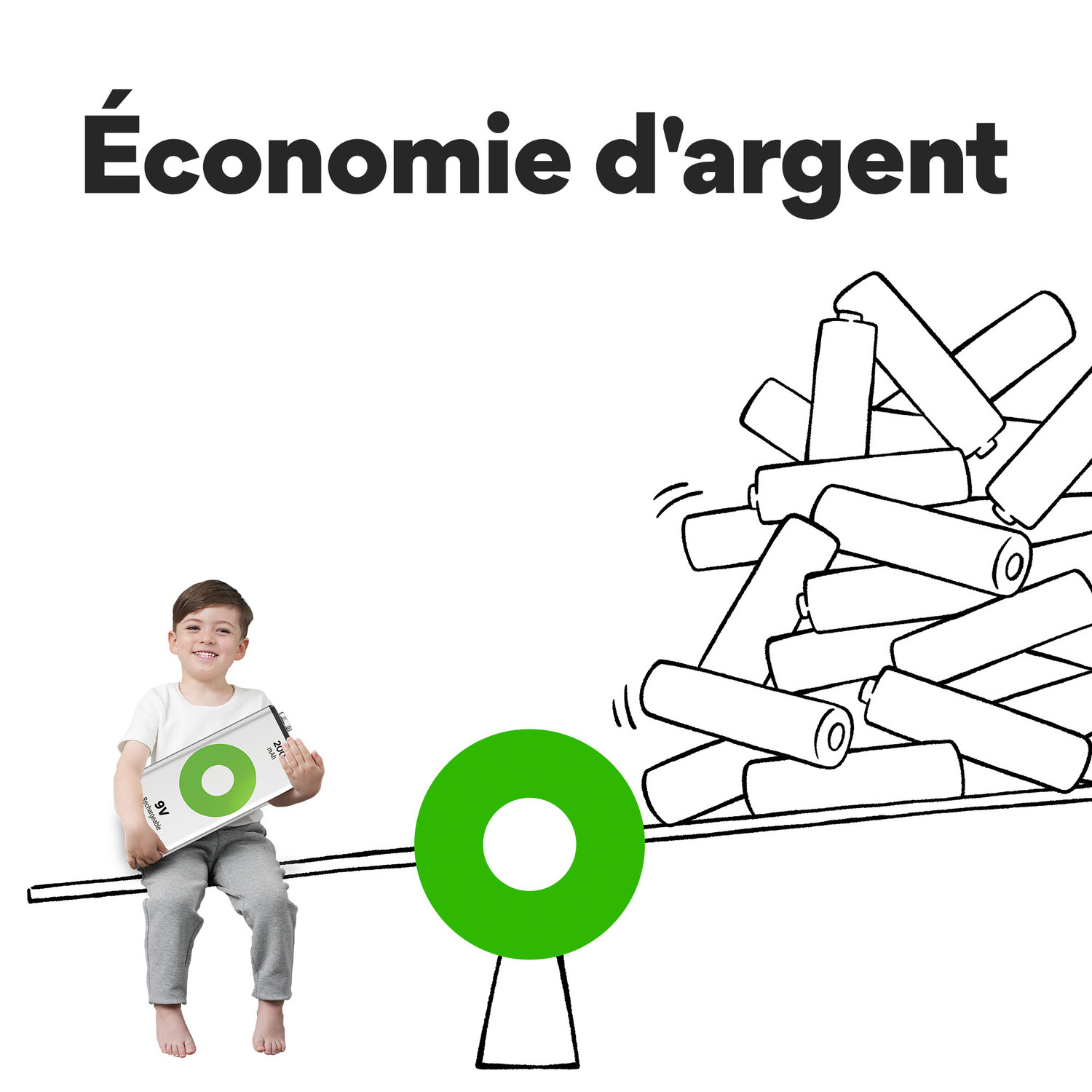Un enfant sur une bascule avec une grosse pile de 9V et une pile de batteries de l'autre côté.