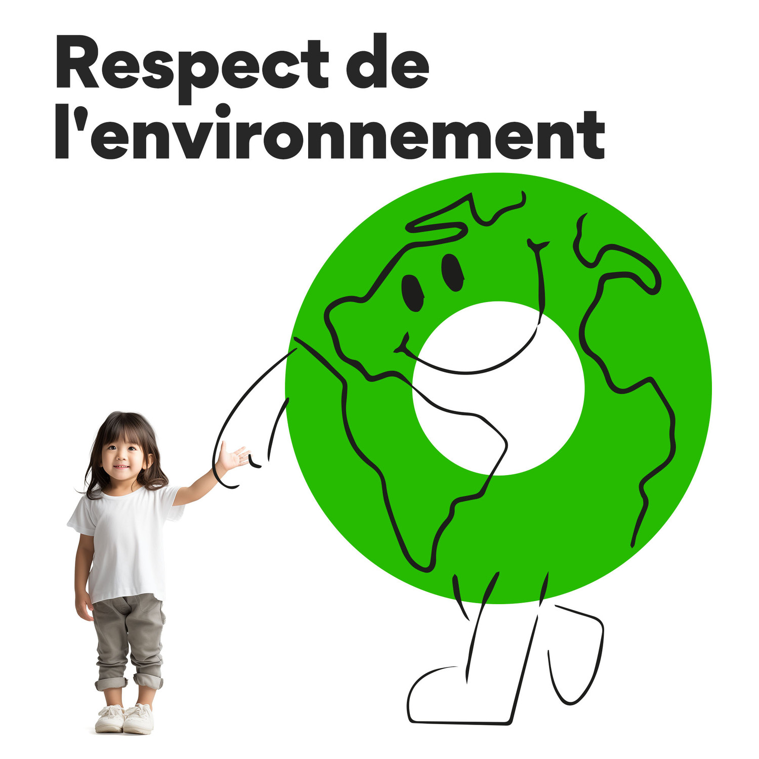 Un enfant et une figure de la terre de dessin animé avec un globe vert et un fond blanc.
