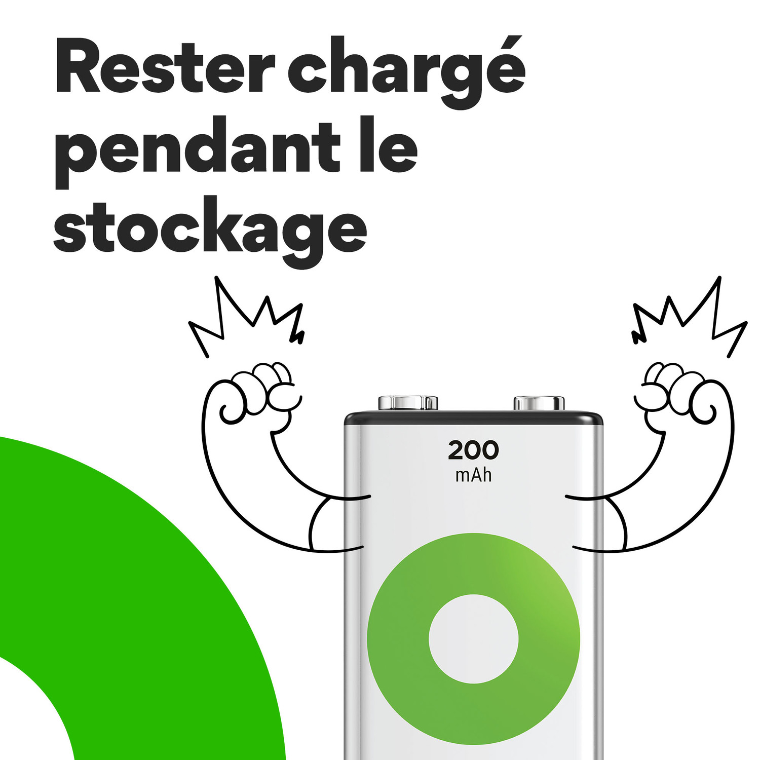Image animée: Une batterie rectangulaire avec un cercle vert. Texte: 'Restez chargé pendant le stockage'.