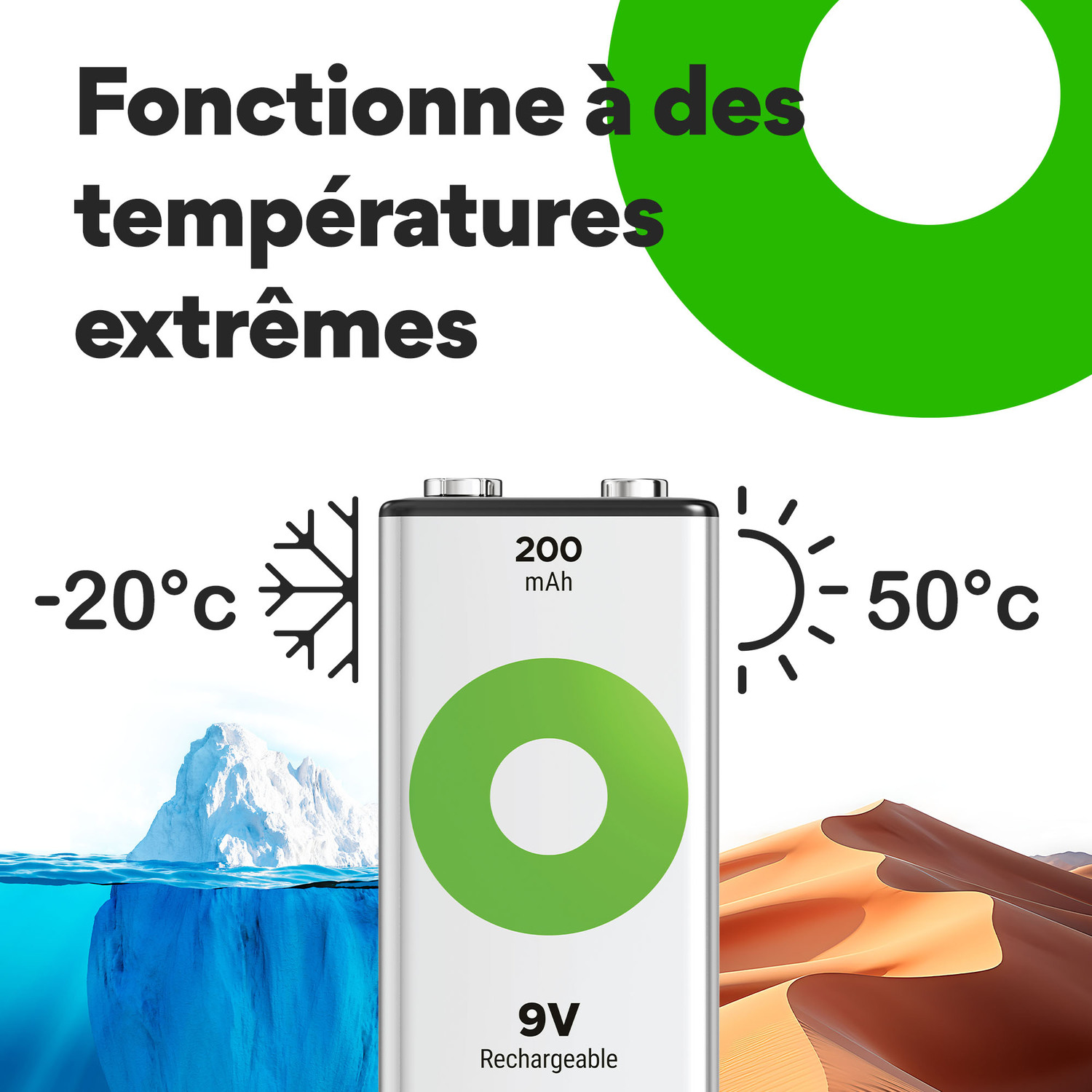 Une pile rechargeable 9V est montrée avec des icônes de températures extrêmes.