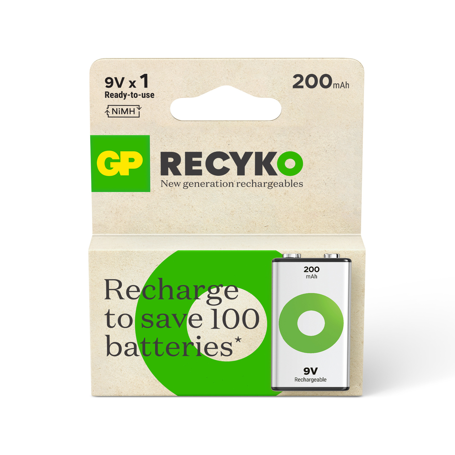 GP Recyko 9V-batterijverpakking. Groene en witte verpakking. Tekst: Opladen om 100 batterijen te besparen. 200mAh.
