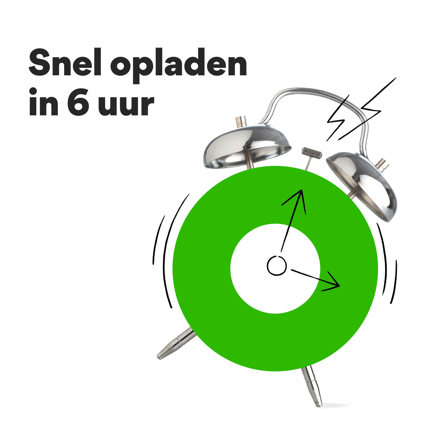 Wekker met groene cirkel en bliksemschicht. Tekst: 'Snel opladen in 6 uur'.