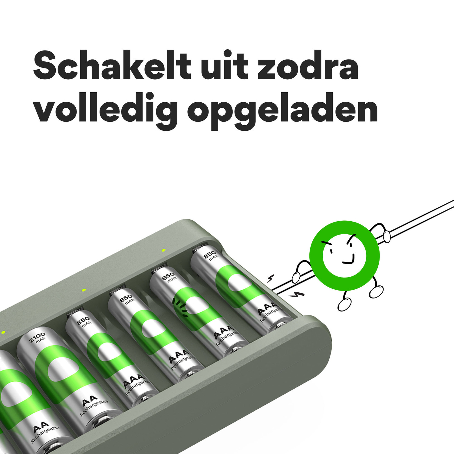 Acculader met 6 AA-batterijen. Tekst: 'Schakelt uit zodra volledig opgeladen' in het Nederlands.