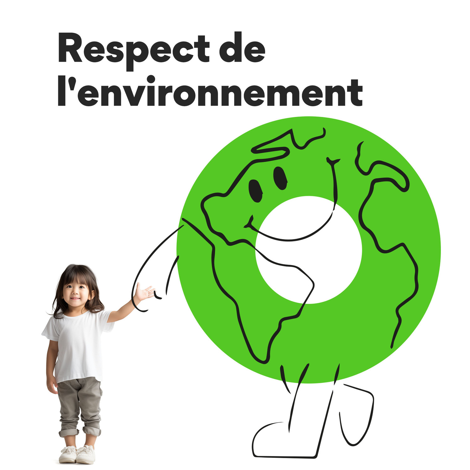 Un enfant montre une terre verte avec les mots 'Respect de l'environnement'.