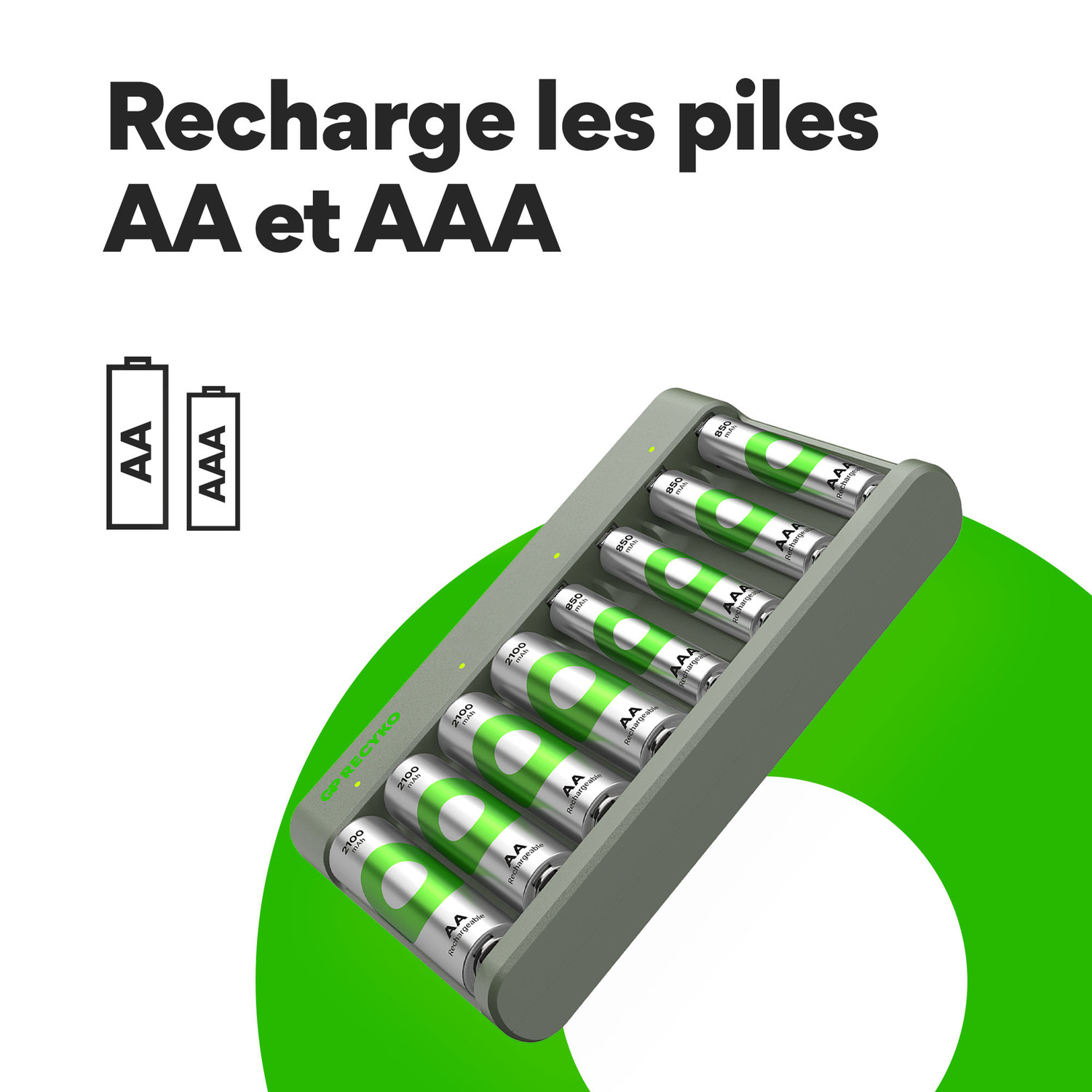 Chargeur de batterie avec piles AA et AAA, avec un design vert et un fond blanc.
