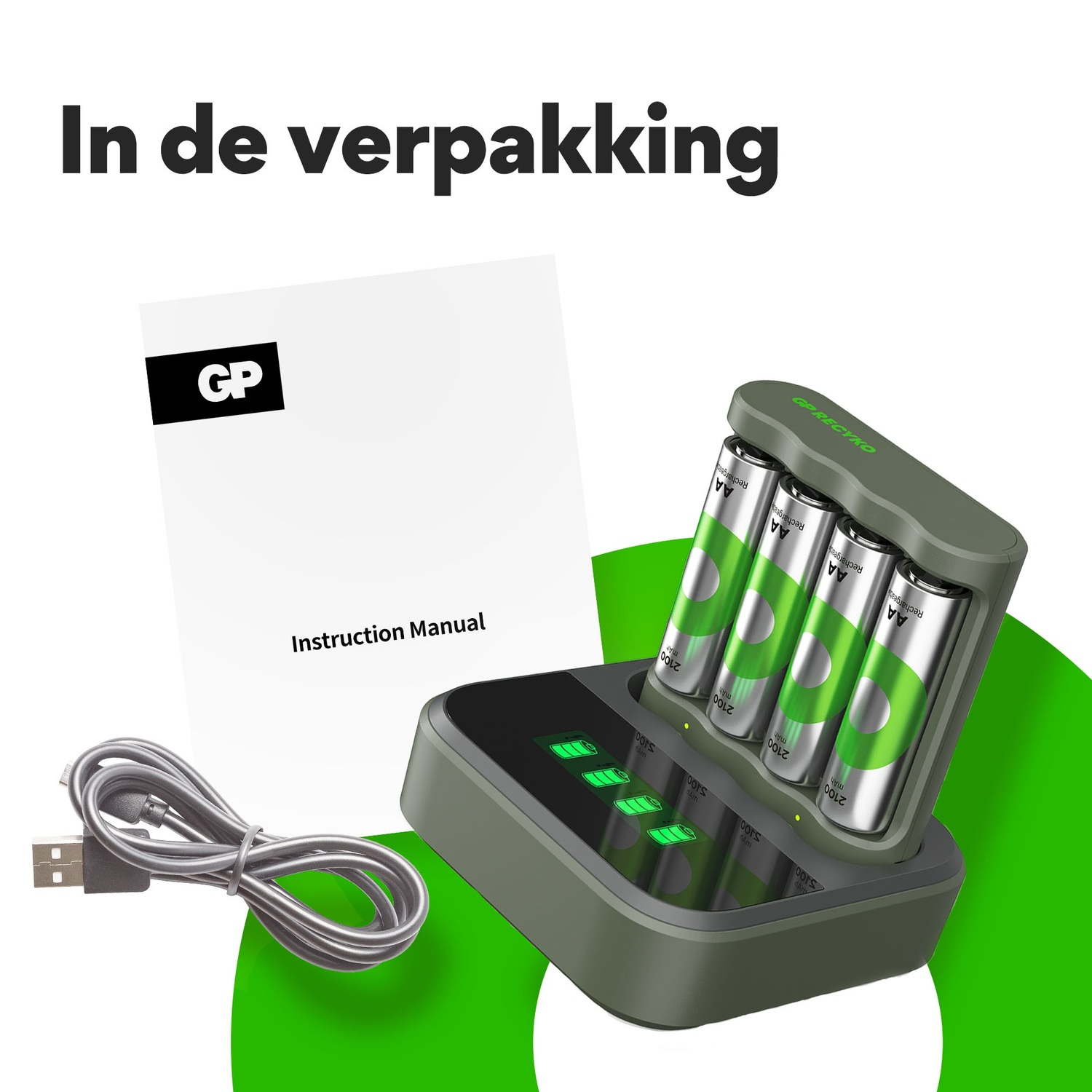 Batteries and charger set with instruction manual; green and white color scheme.