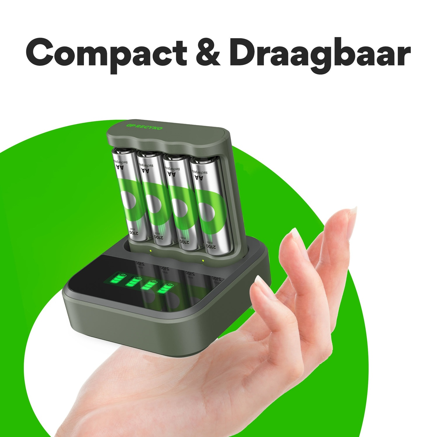 A hand holding a compact battery charger with four batteries. Text: Compact & Draagbaar.