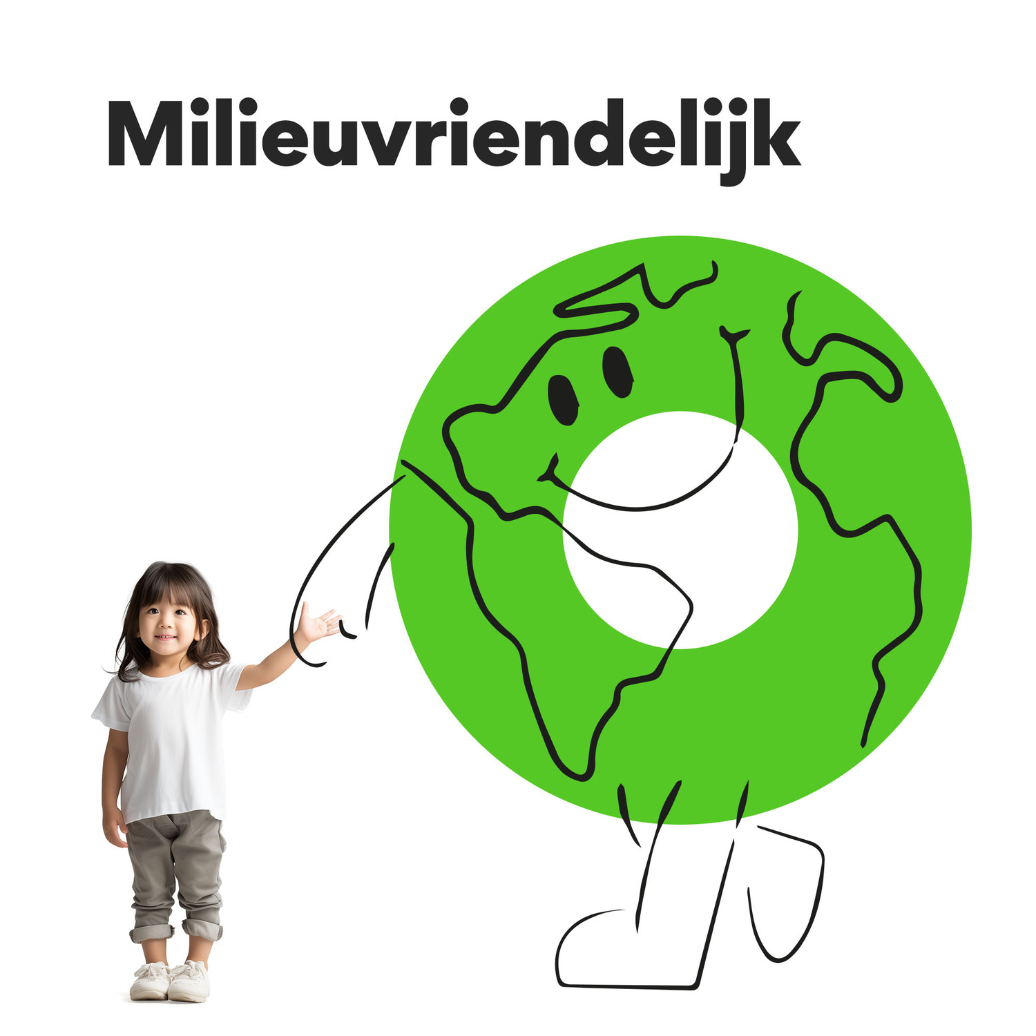 A child stands near a green earth cartoon with a face. Text says 'environmentally friendly'.