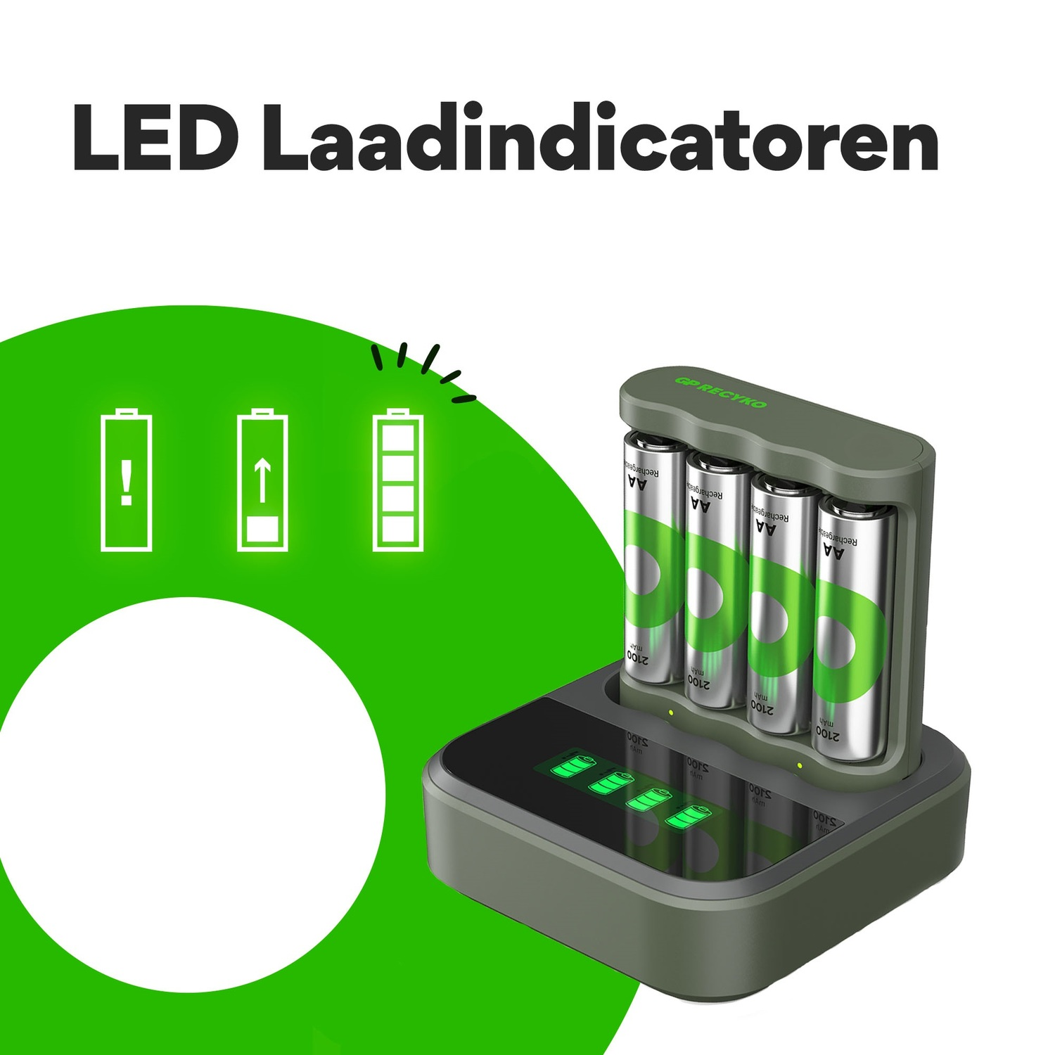 A battery charger with AA batteries and charging indicators, green and white theme.