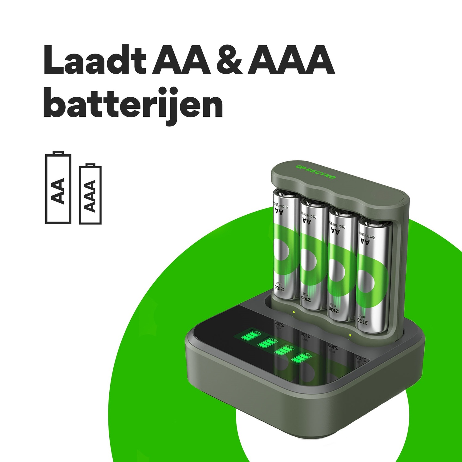 A battery charger with AA and AAA batteries and a green indicator light.