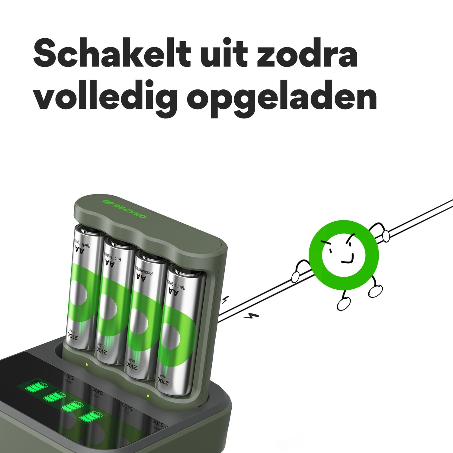 A battery charger with batteries and a cartoon globe pulling the charging wire.