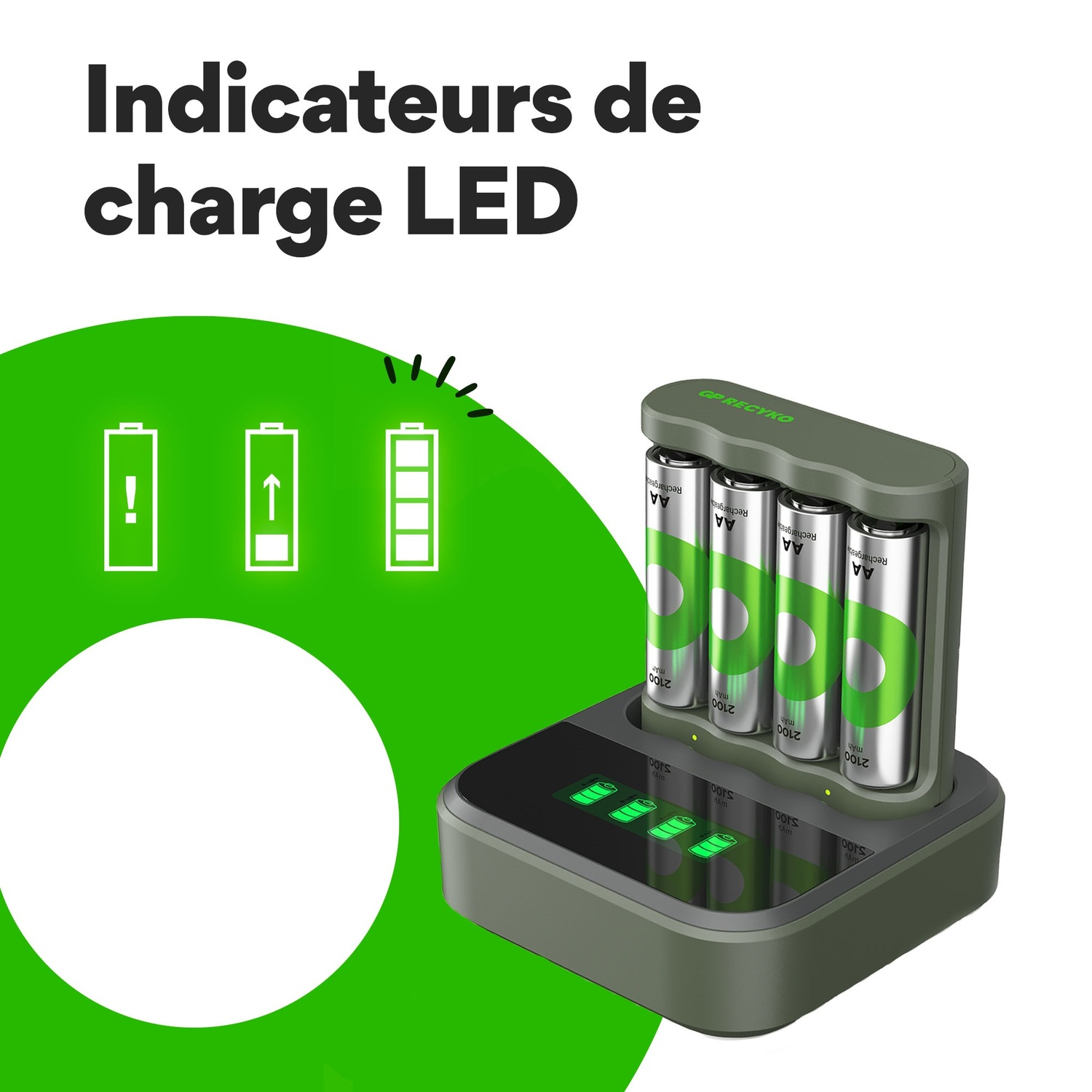 Un chargeur de batterie avec des piles AA et des indicateurs de charge LED. Le texte dit : Indicateurs de charge LED.