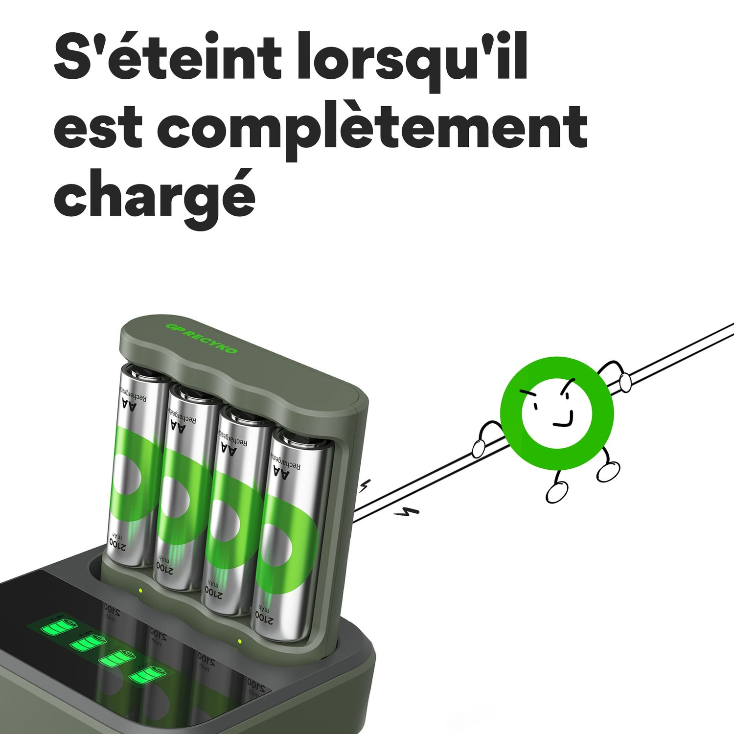 Chargeur de batterie avec batteries et un personnage de dessin animé.