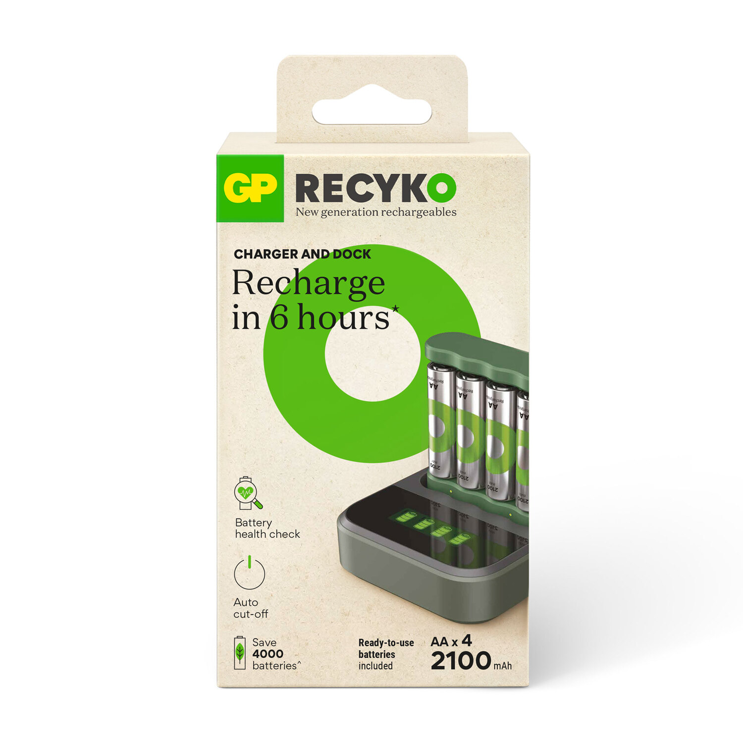 A battery charger with batteries inside. Text says 'Recharge in 6 hours' and 'Save 4000 batteries'.