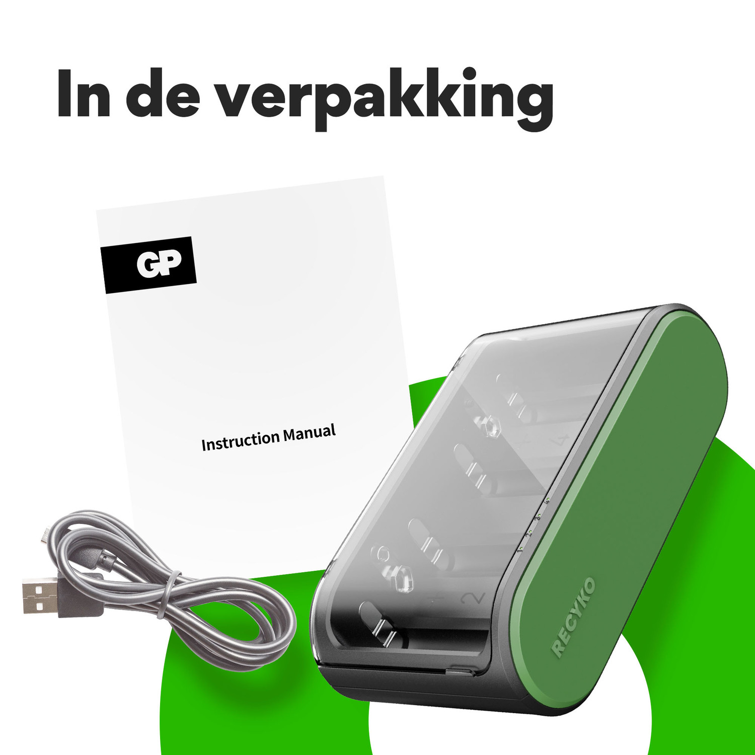 Groene oplader met een witte handleiding en een USB-kabel. Tekst 'In de verpakking' is aanwezig.