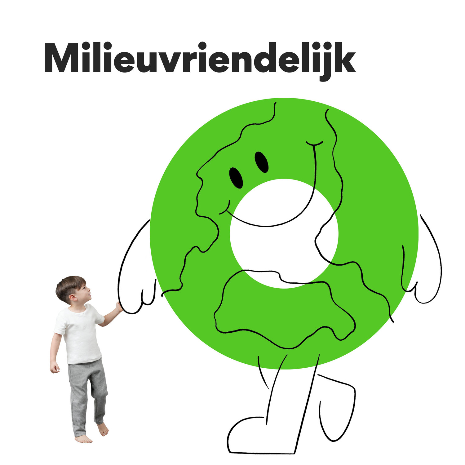 Een kind wijst naar een cartoon Aarde karakter met een lachend gezicht, armen en benen.