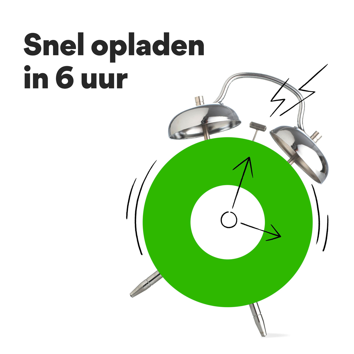 Een wekker met een groen centrum, de woorden 'Snel opladen in 6 uur'.