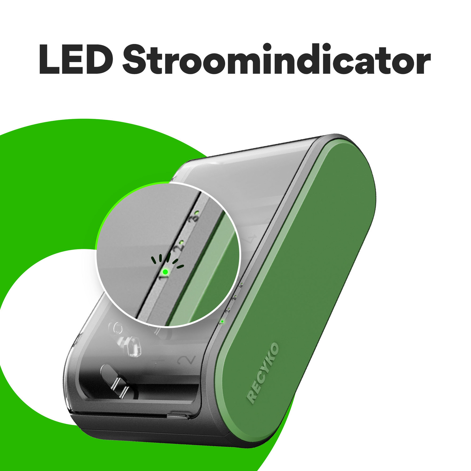 Groene en zwarte batterijlader met een LED-stroomindicator gemarkeerd.