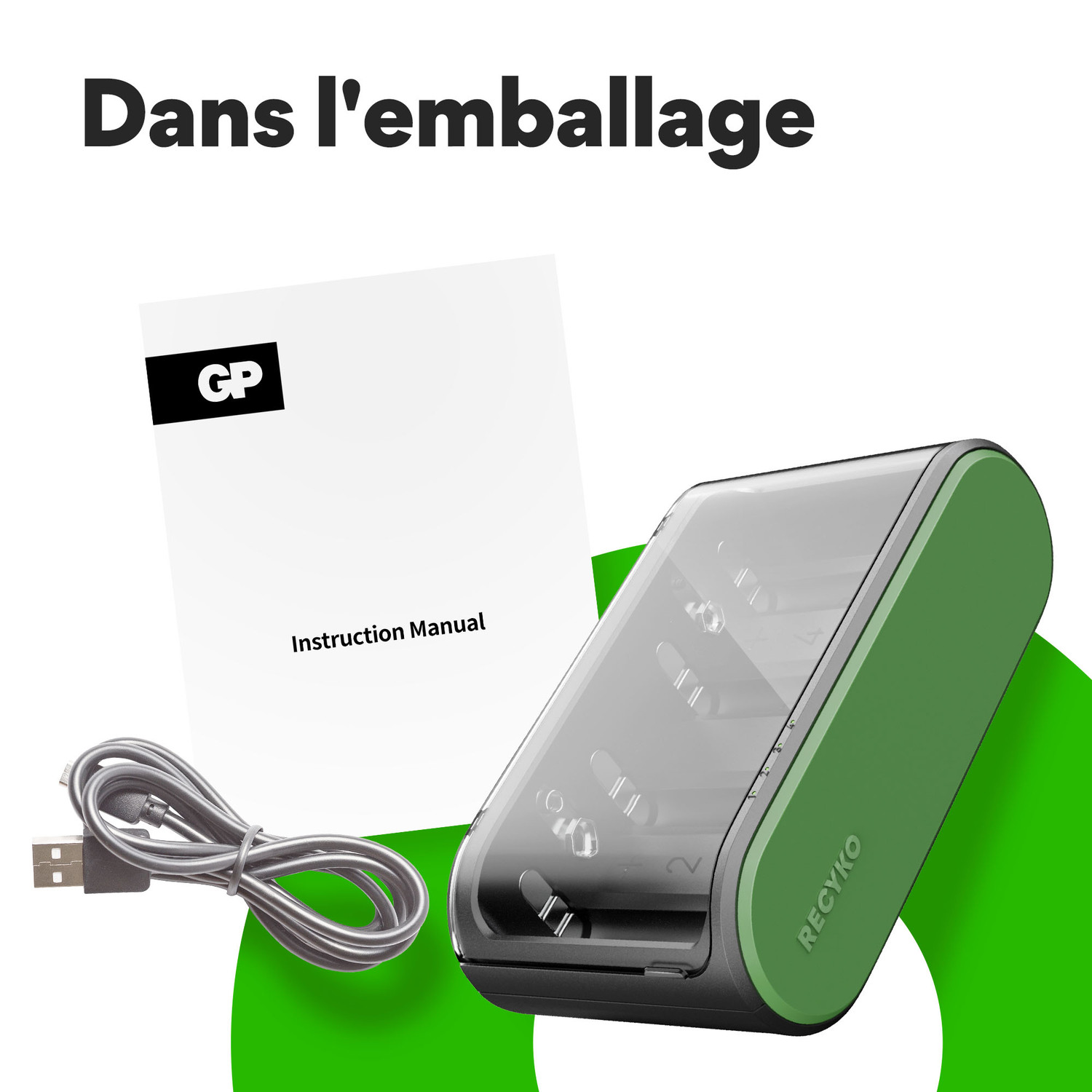 Un chargeur vert et un manuel d'instructions. Un câble USB est devant.
