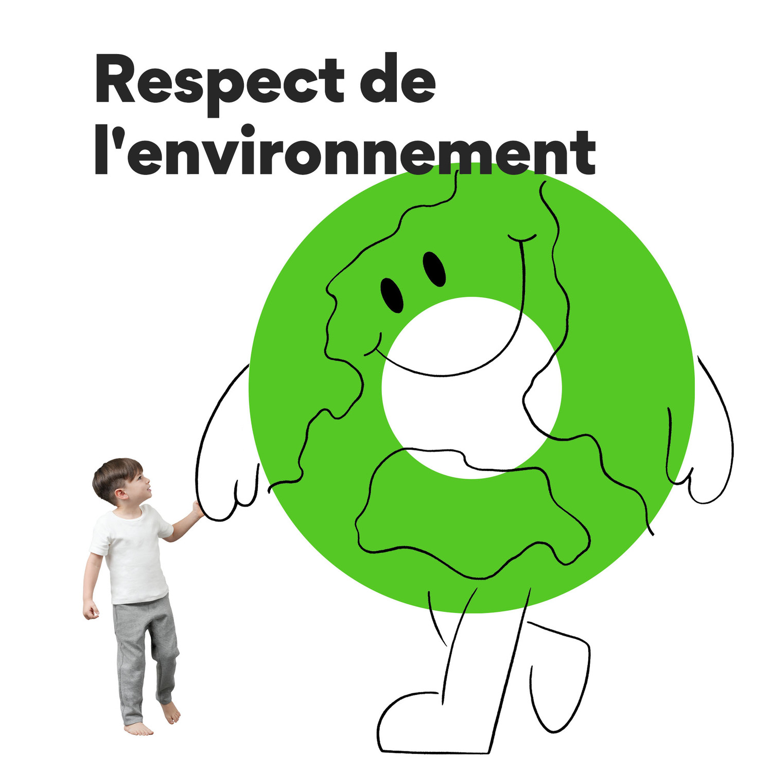 Un garçon pointe un globe vert avec un smiley. Le texte dit 'Respecter l'environnement'.